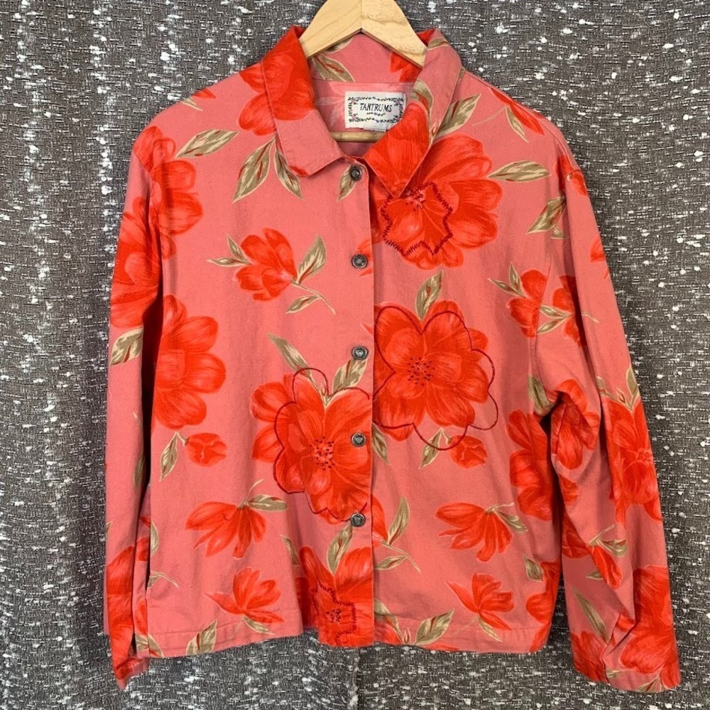 Vintage Tantrums Floral Button Up Jacket Embroidered Beaded Artsy Women's L